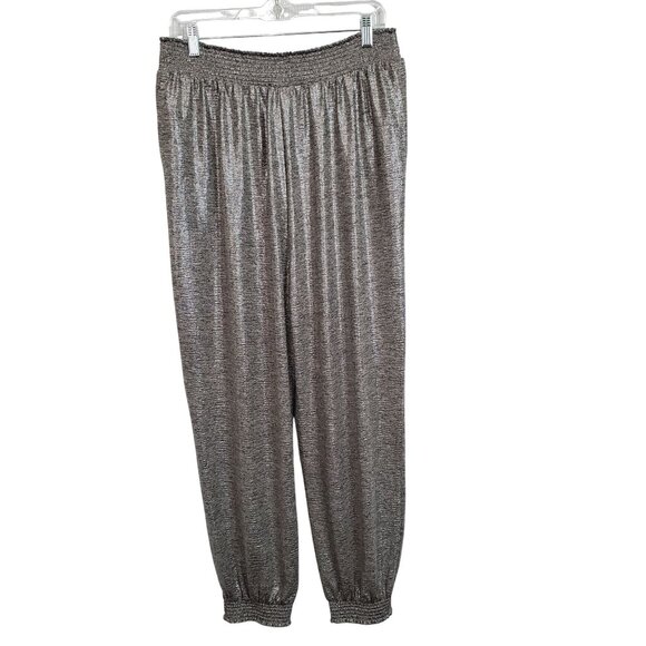 By Anthropologie L Petite Pants Metallic Silver Lightweight Knit Lounge Jogger - Picture 2 of 14
